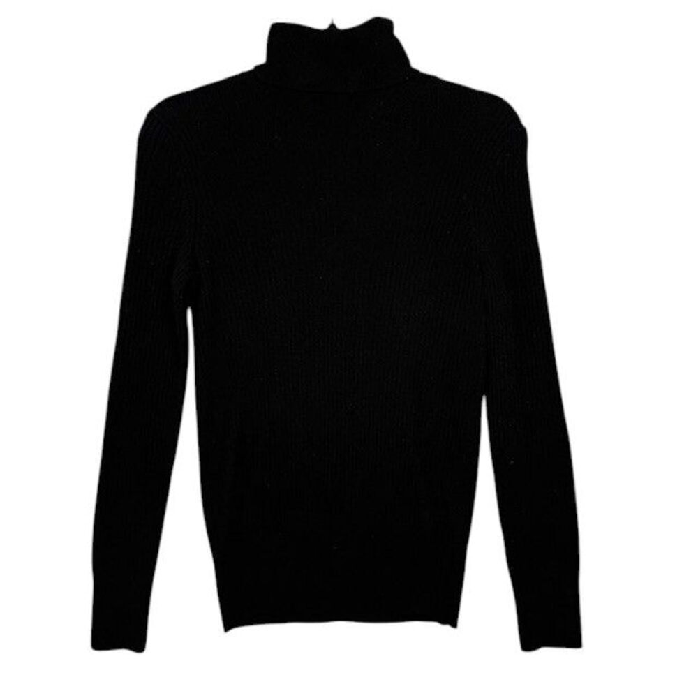 Saks Fifth Avenue Merino Wool Blend Rib Knit Black Turtleneck Sweater Size Small